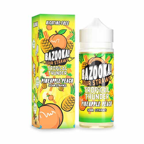 What you get with this E-liquid. Bazooka Pineapple Peach Sour Straws E Liquid 100ml of Shortfill E Liquid 0mg Nicotine 70% vg 30% pg blend Made in the UK Designed for Sub Ohm Vaping Favour Profile: Pineapple, Peach,  Candy Add 2 x 10ml 18mg nic shots to produces 3mg of nicotine Strength in a 100ml bottle of E-Liquid