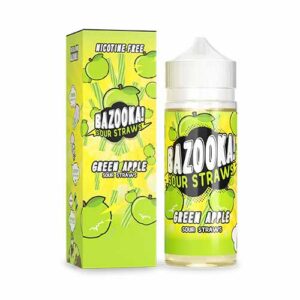 What you get with this E-liquid. Bazooka Green Apple Sour Straws E Liquid 100ml of Shortfill E Liquid 0mg Nicotine 70% vg 30% pg blend Made in the UK Designed for Sub Ohm Vaping Favour Profile: Green Apple, Candy Add 2 x 10ml 18mg nic shots to produces 3mg of nicotine Strength in a 100ml bottle of E-Liquid