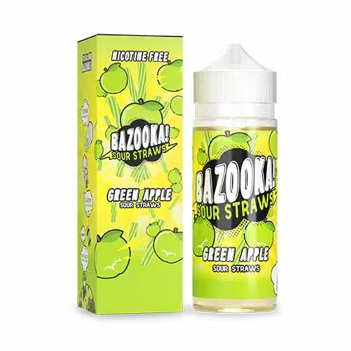 What you get with this E-liquid. Bazooka Green Apple Sour Straws E Liquid 100ml of Shortfill E Liquid 0mg Nicotine 70% vg 30% pg blend Made in the UK Designed for Sub Ohm Vaping Favour Profile: Green Apple, Candy Add 2 x 10ml 18mg nic shots to produces 3mg of nicotine Strength in a 100ml bottle of E-Liquid